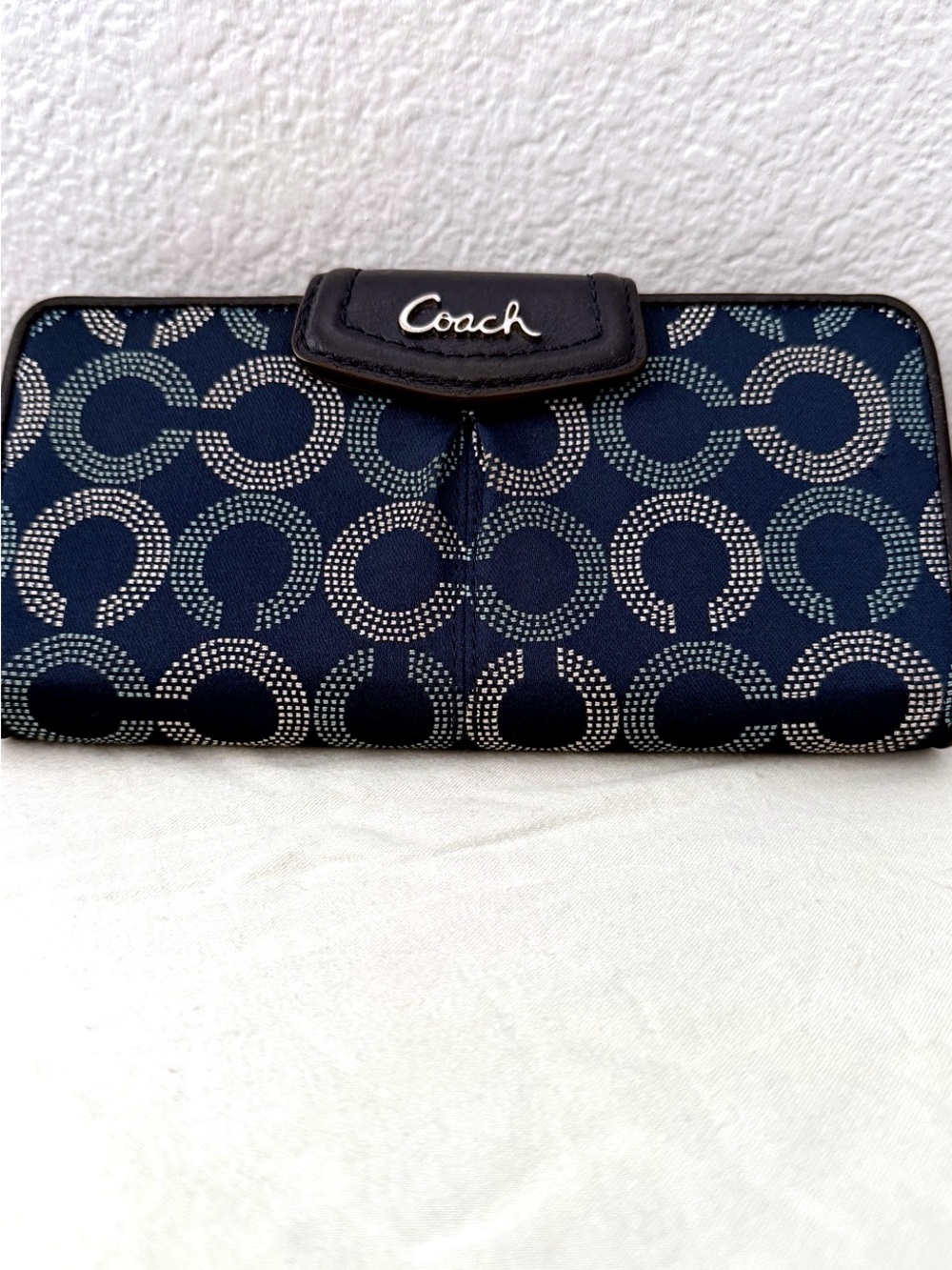 Coach Navy Signature Circle Snap Wallet with White Accents
